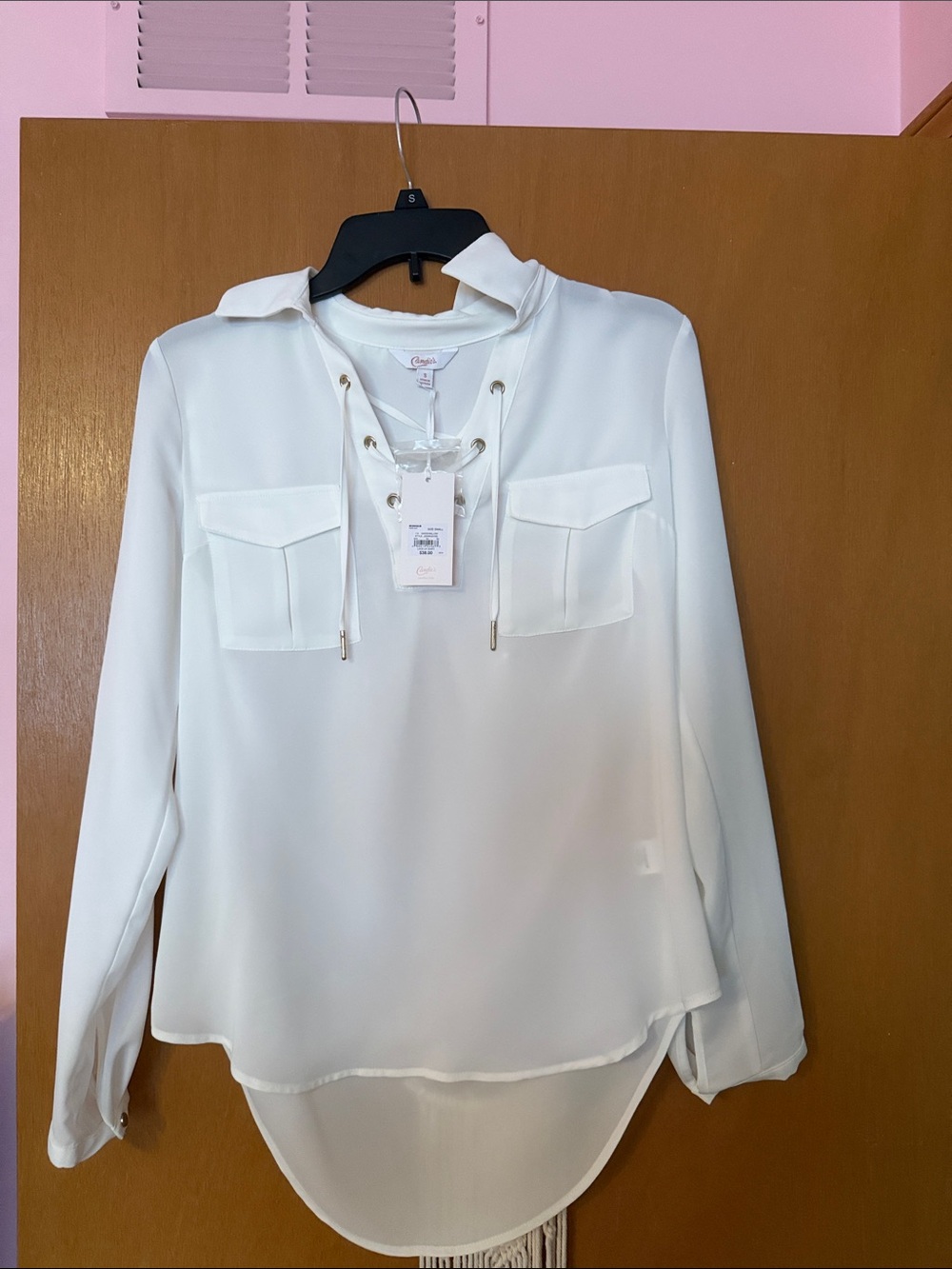 NWT Candies White Lace-Up Collared Long-Sleeve Top